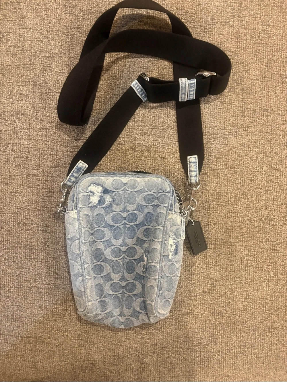 Coach Men's Denim Signature Crossbody Bag in Faded Blue with Black Strap